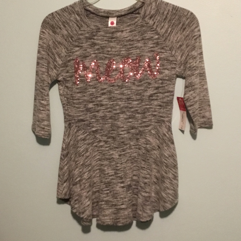 total girl Gray Knit Tunic with Pink Sequin “meow” script